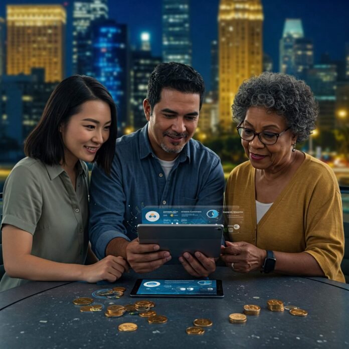 Diverse People Reviewing Banking Options on Tablet with City Background