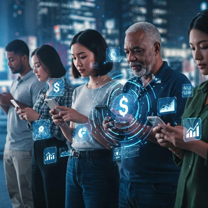 Financial Tech: Diverse People Connecting via Smartphones