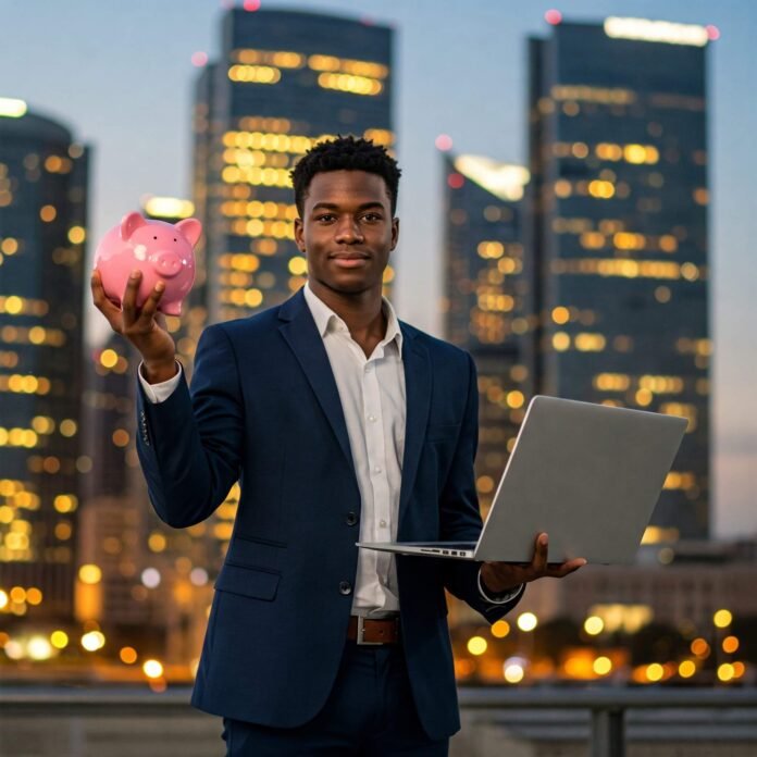Young Adult Financial Success with Piggy Bank and Laptop