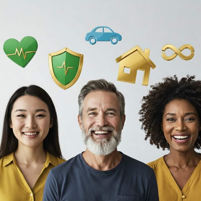Diverse Group Smiling with Insurance Icons