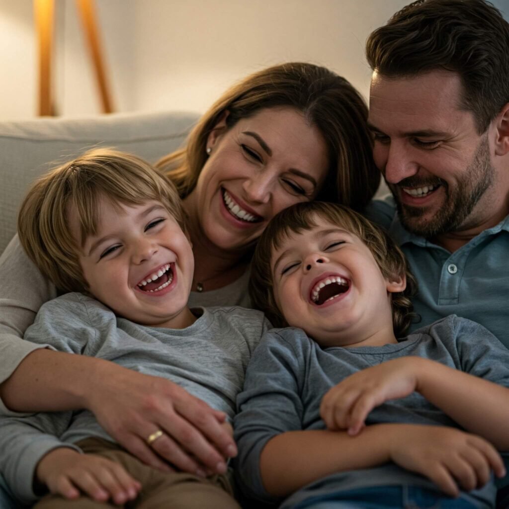 Family Laughing on Couch