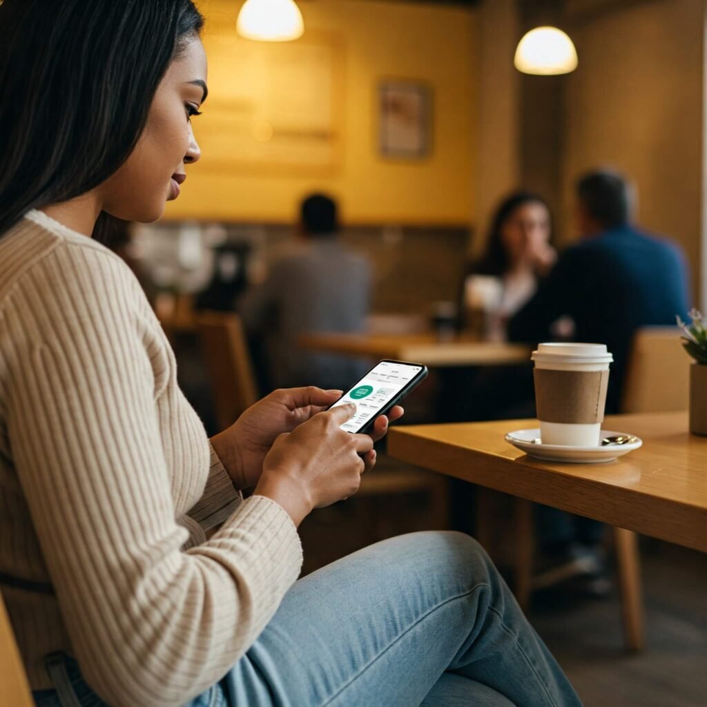 Young Professional Using Mobile Banking App in Coffee Shop