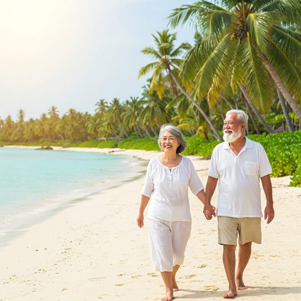 Retired Couple Beach Walk