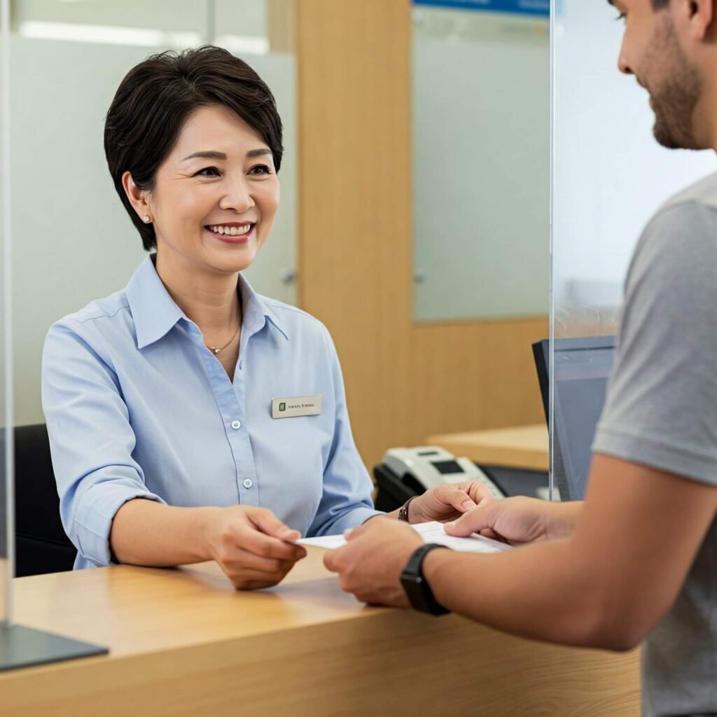 Smiling Teller Assisting Customer