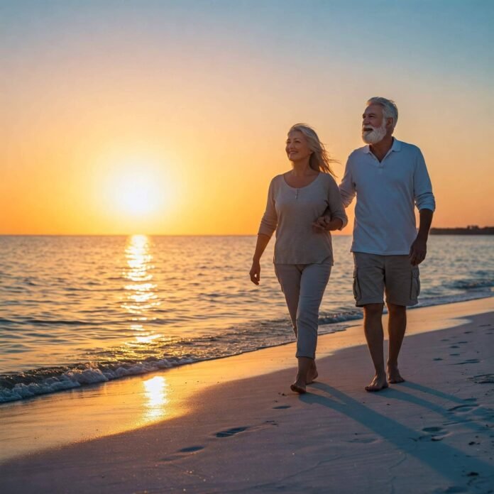 Retired Couple Beach Sunset - Relaxation & Financial Freedom
